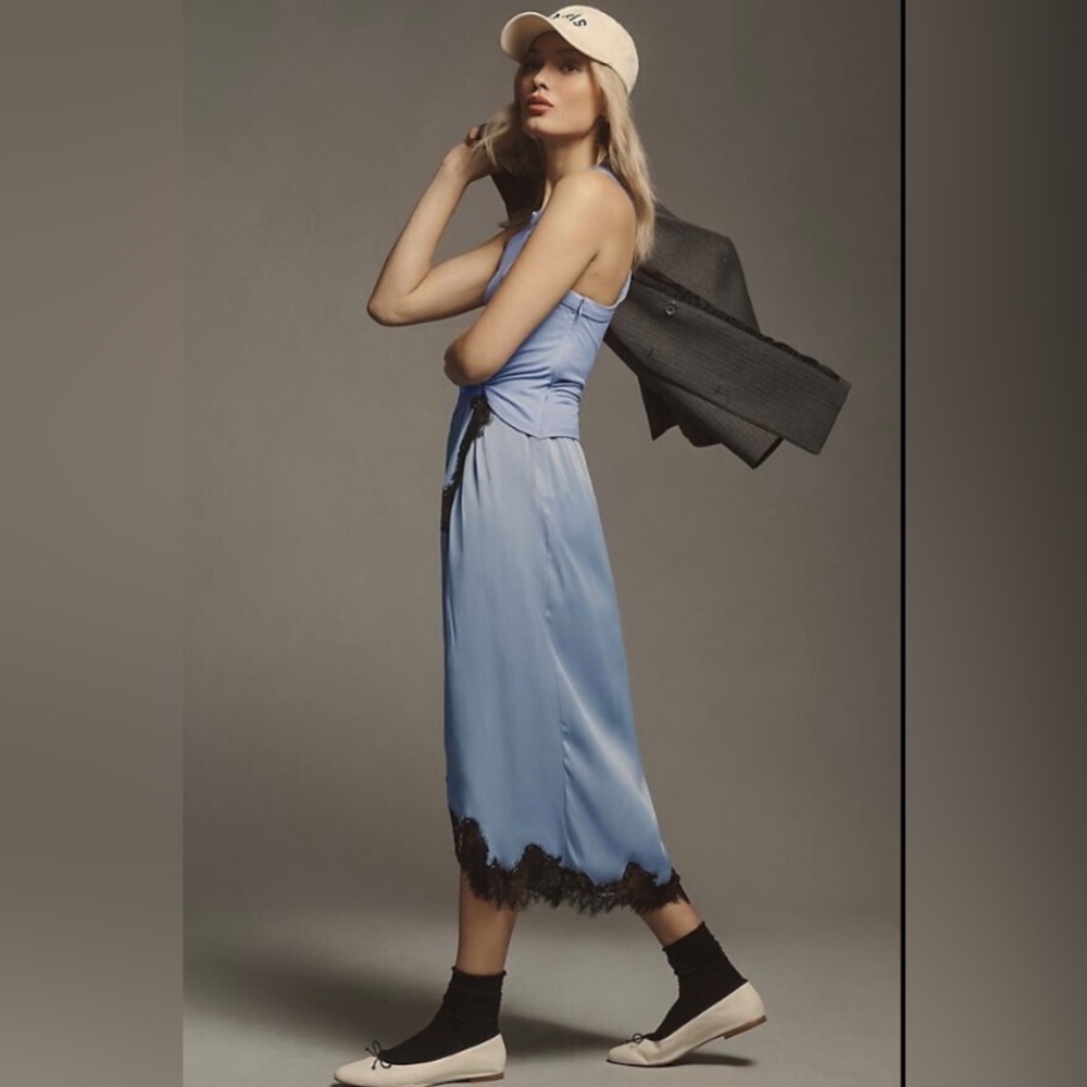 Anthropologie Keely Twofer Periwinkle Blue knit and satin midi dress - Picture 3 of 4